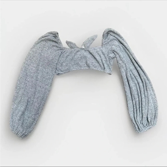 Luxxel Sweater Balloon Bishop Sleeve Gray Knit Crop Top Shrug Tie Front Large - Picture 2 of 6